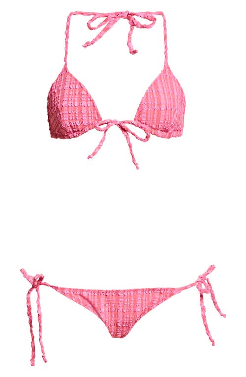 Lisa Marie Fernandez Padded Triangle Two-Piece Bikini in Fuchsia Striped Seersucker