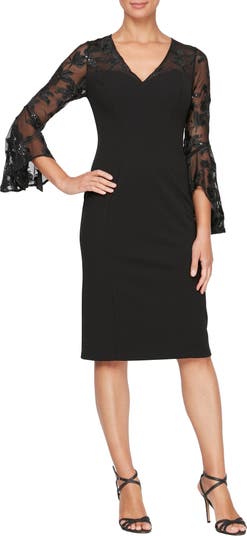 Alex Evenings Embroidered Illusion Bell Sleeve Sheath Dress