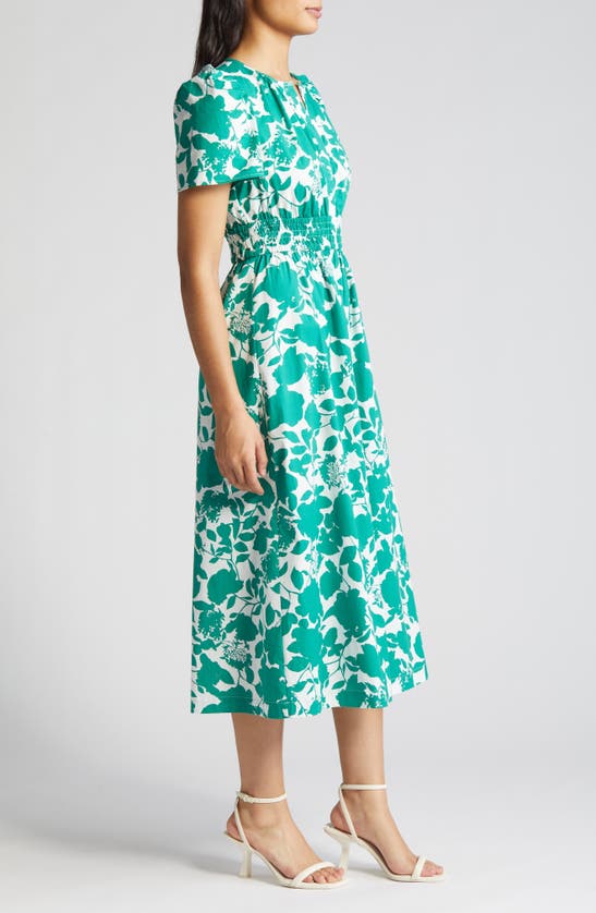 Shop Anne Klein Floral Smocked Midi Dress In Green Sprig/ Porcelai