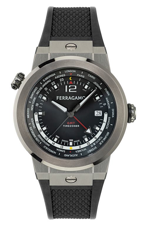 Shop Ferragamo F-80 Gmt Worldtime Silicone Strap Watch, 43mm In Ip Gunmetal