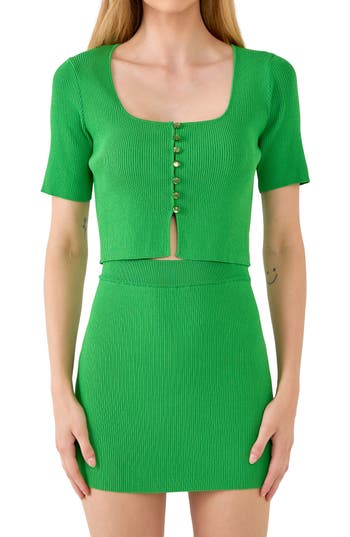 Endless Rose Ribbed Short Sleeve Crop Cardigan In Green