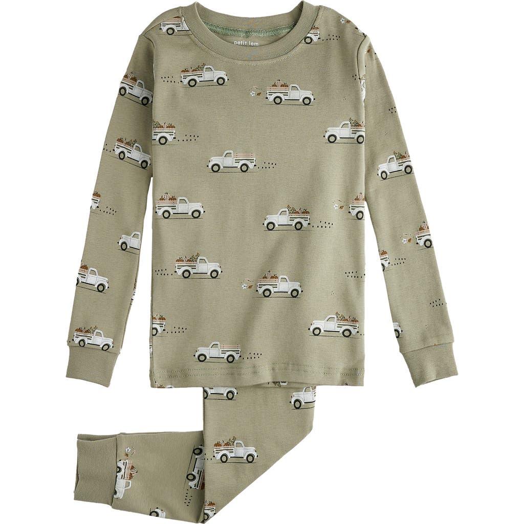 Petit Lem Kids' Pumpkin Pickup Print Organic Cotton Fitted Two-Piece Pajamas in Green