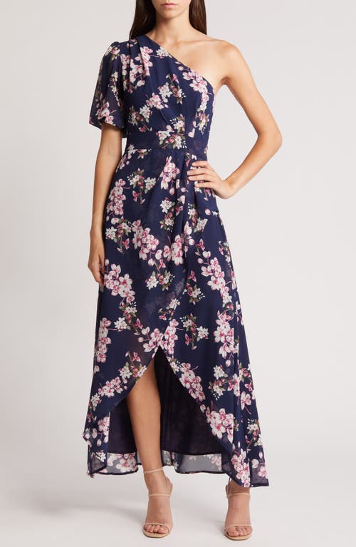 Shop Lulus Sensational Perfection Floral One-shoulder High-low Gown In Navy/pink