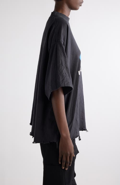 Balenciaga Cropped Distressed Printed Cotton-jersey T-shirt In Washed Black/blue