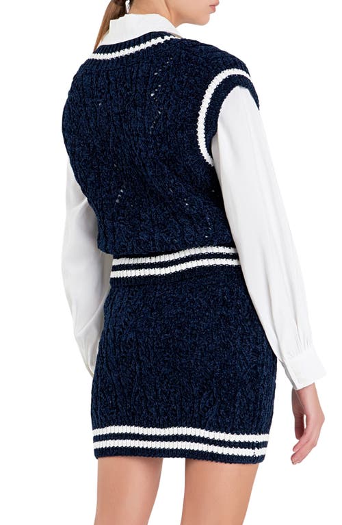 Shop English Factory Stripe Trim Chenille Sweater Vest In Navy/white