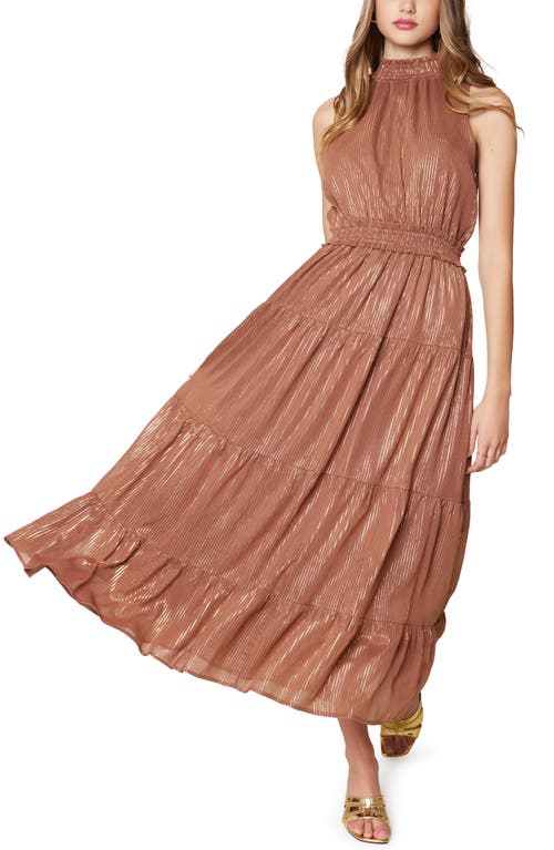 Lost + Wander Downtown Lights Metallic Tiered Maxi Dress in Brown Gold