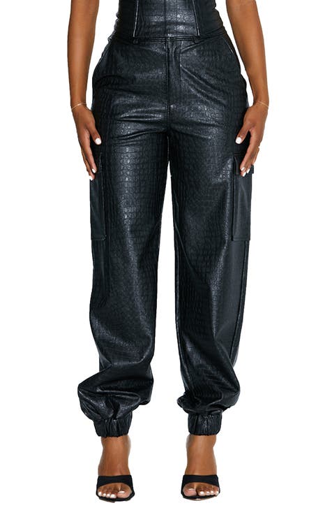 chinensis Black Leather Pants for Women Fleece Lined Faux Leather