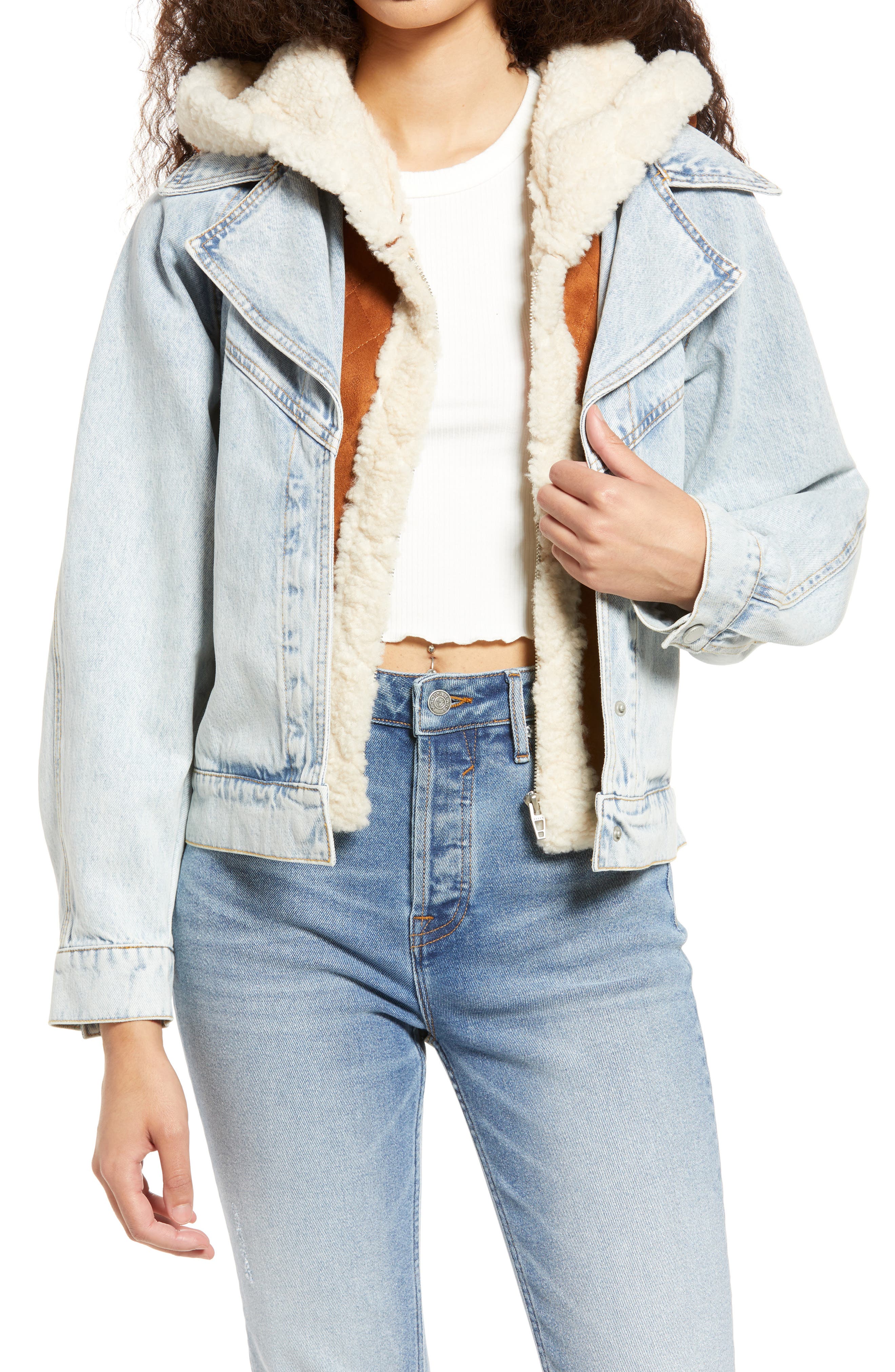 jean jacket with fur hoodie
