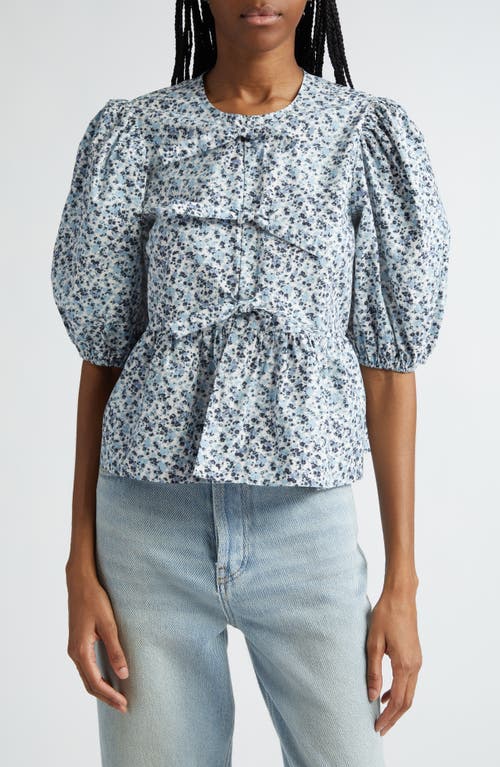 Ganni Print Bow Puff Sleeve Cotton Top In Glacier Lake