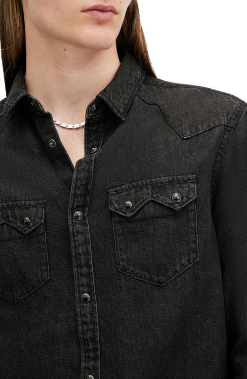 Shop Allsaints Rock Cotton Denim Western Snap-up Shirt In Washed Black