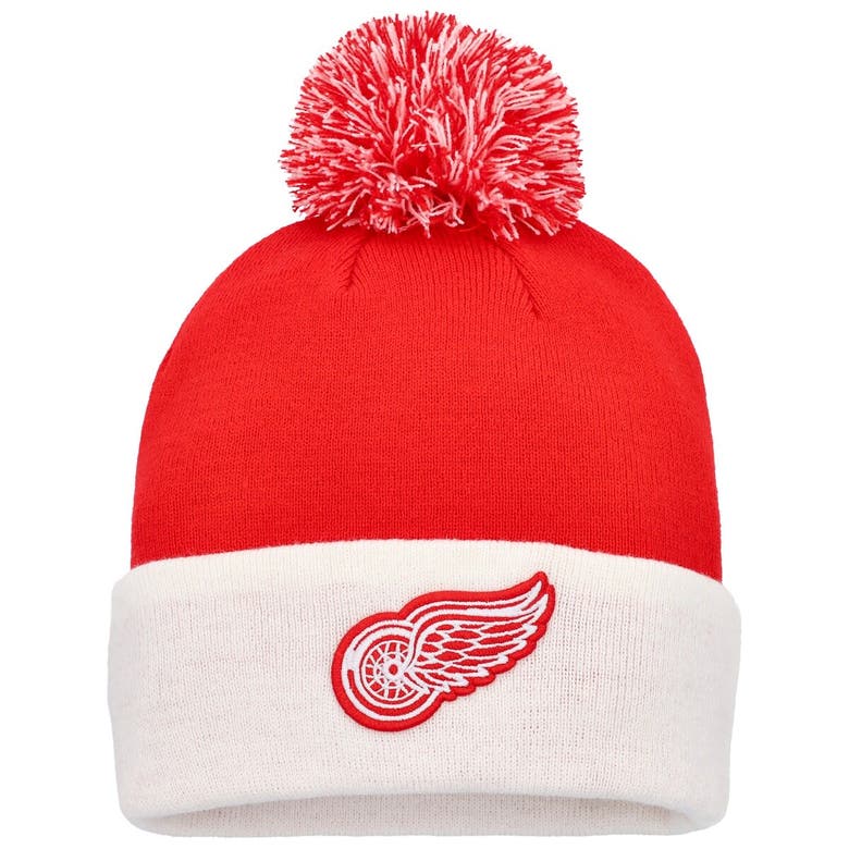 Shop Adidas Originals Adidas Red Detroit Red Wings Team Stripe Cuffed Knit Hat With Pom