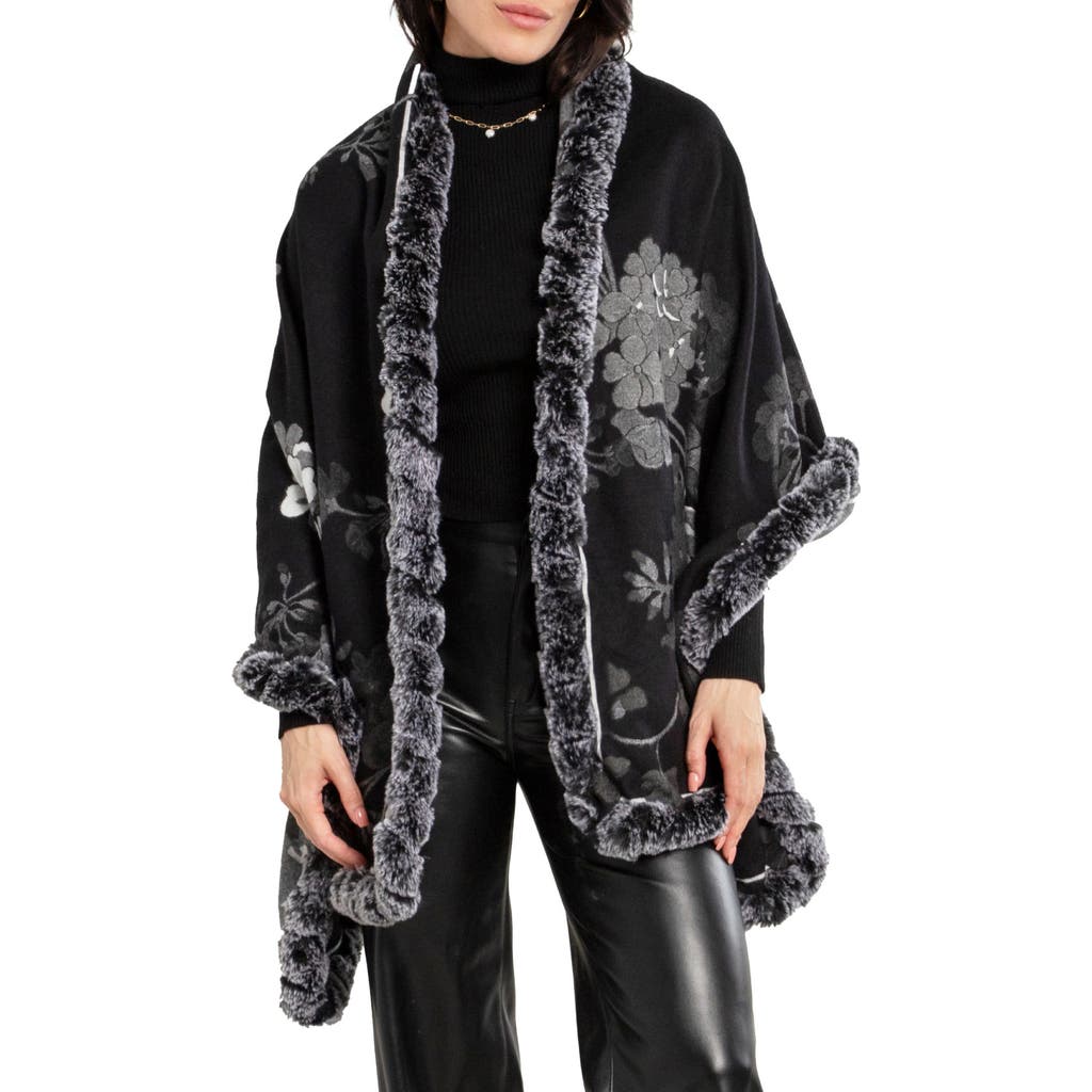 Saachi Floral Reversible Scarf With Faux Fur Trim In Black