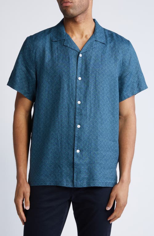 Shop Nordstrom Regular Fit Geo Pattern Linen Blend Camp Shirt In Navy- Teal Abstract Diamonds