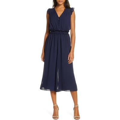 Adelyn Rae Clara Ruffle Sleeve Chiffon Jumpsuit, Blue