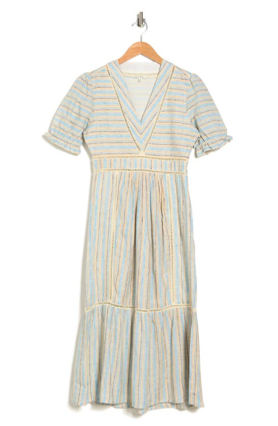Maisie Puff Sleeve Midi Dress With Crochet Trim In Lt Blue/ Ivory