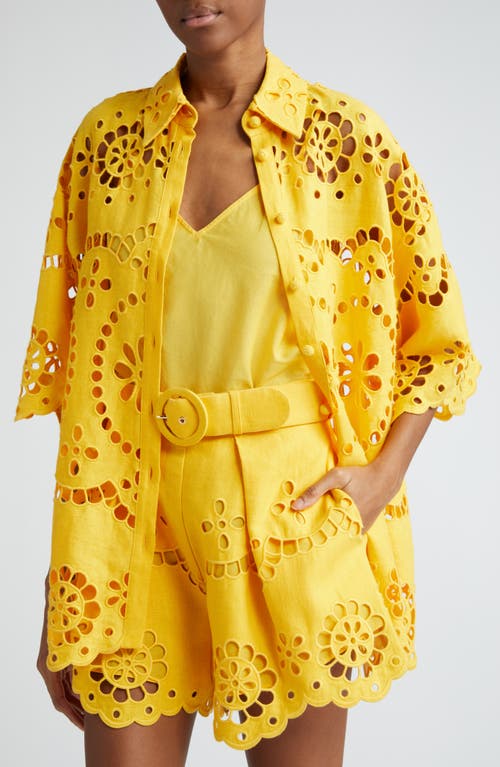 Shop Zimmermann Pop Embroidered Linen Eyelet Shirt In Mango