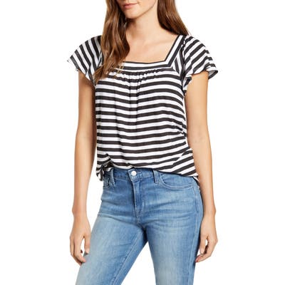 Petite Gibson X Hi Sugarplum! Malta Square Neck Ruffle Sleeve Cotton Blend Tee, Black