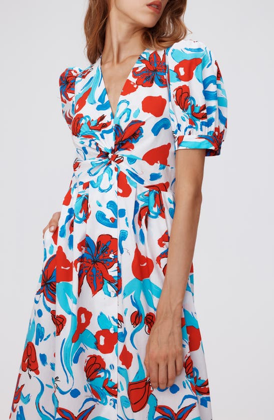 Shop Dvf Heather Floral Puff Sleeve Midi Dress In Brush Floral Red
