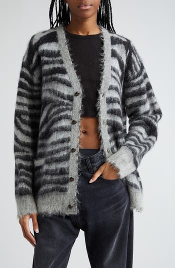 R13 Zebra Stripe Distressed Wool Mohair Blend V Neck Cardigan