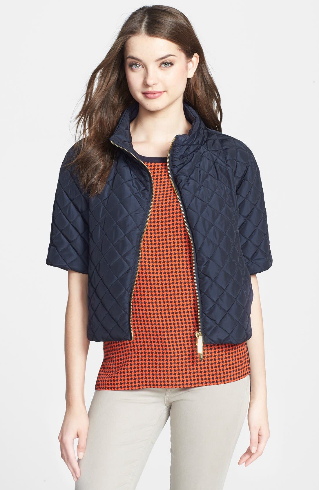 quilted down short sleeve puffer jacket