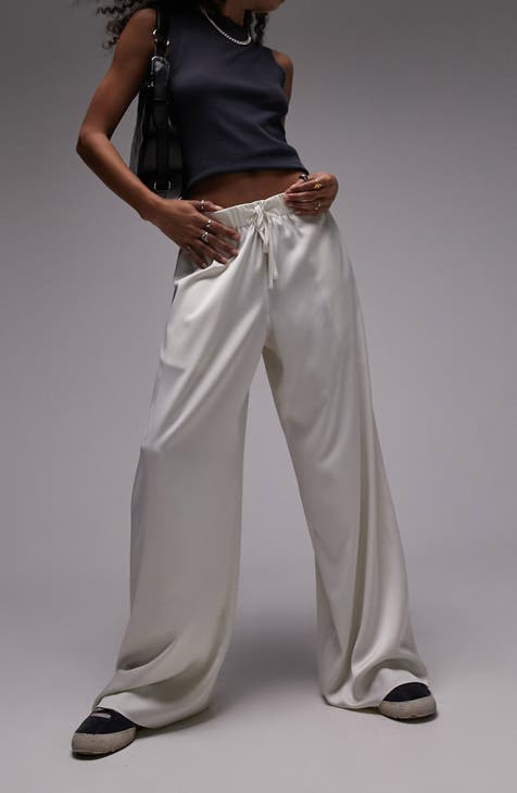 White Satin Pants, Wide Leg Long Pants for Women, Silk High
