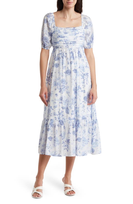 August Sky Floral Print Pleated Midi Dress In Blue Multi