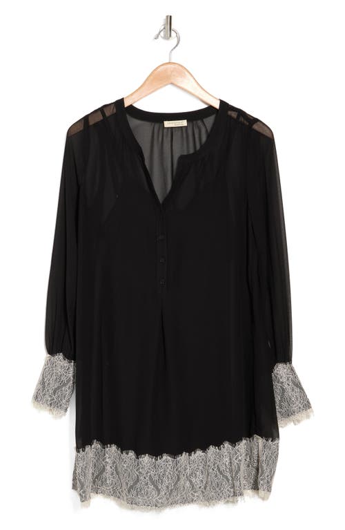 Shop Lovestitch Lace Trim Long Sleeve Chiffon Shift Dress In Black/gardenia