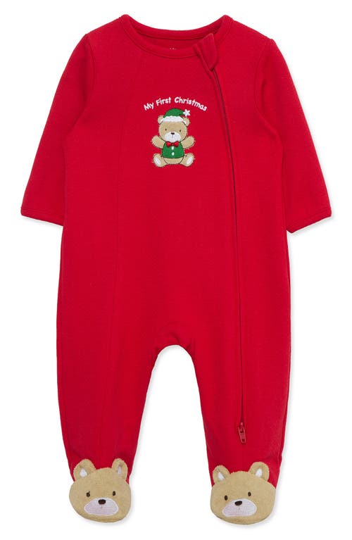 Little Me Kids'  First Christmas Bear Appliqué Cotton Footie In Red