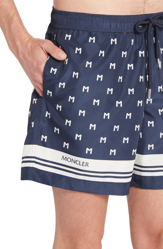 Shop Moncler Mare Monogram Swim Trunks In Navy