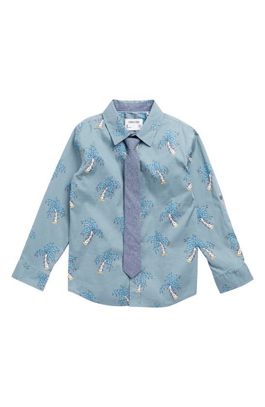 Sovereign Code Kids' Patterned Button-up Shirt & Tie In Palm Lights/ Dk Sea