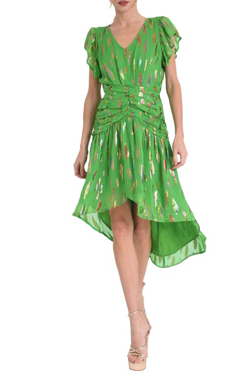 Palmina Metallic Leaf Print High-Low Dress in Green