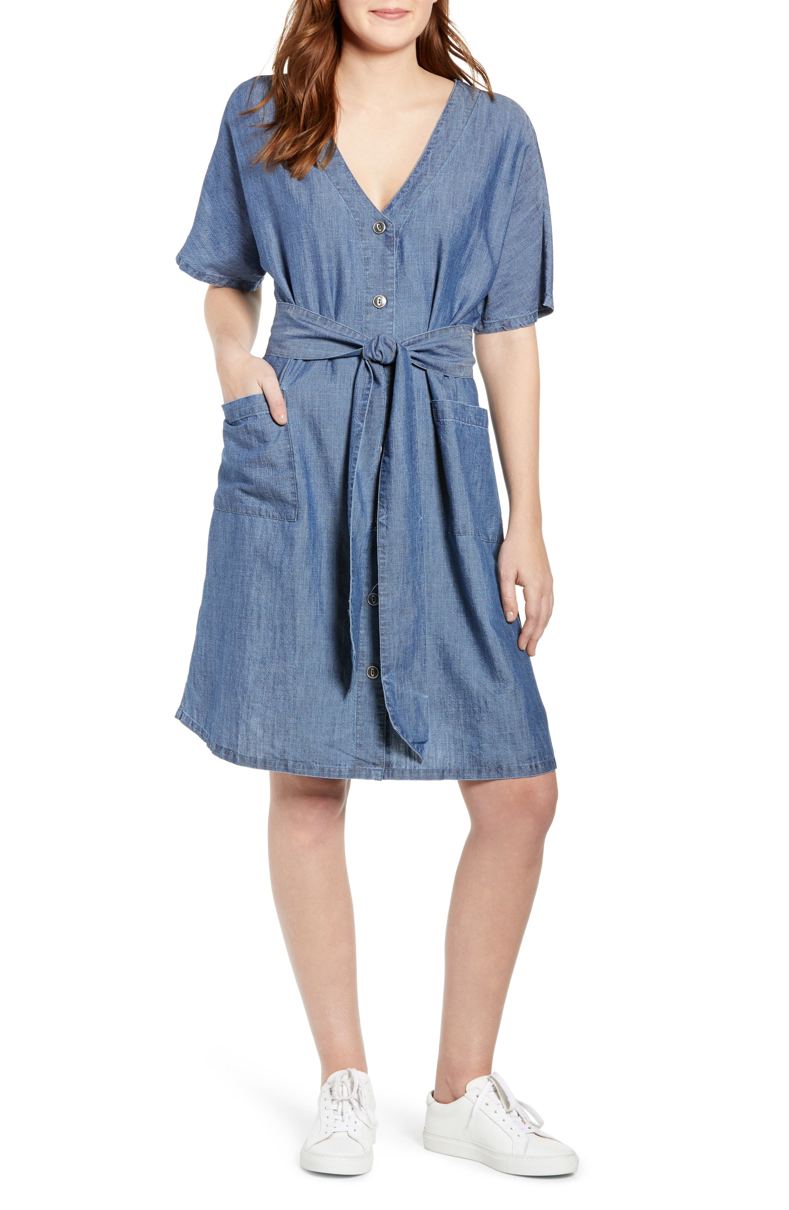 Petite Caslon Button Front Belted Dress, Blue