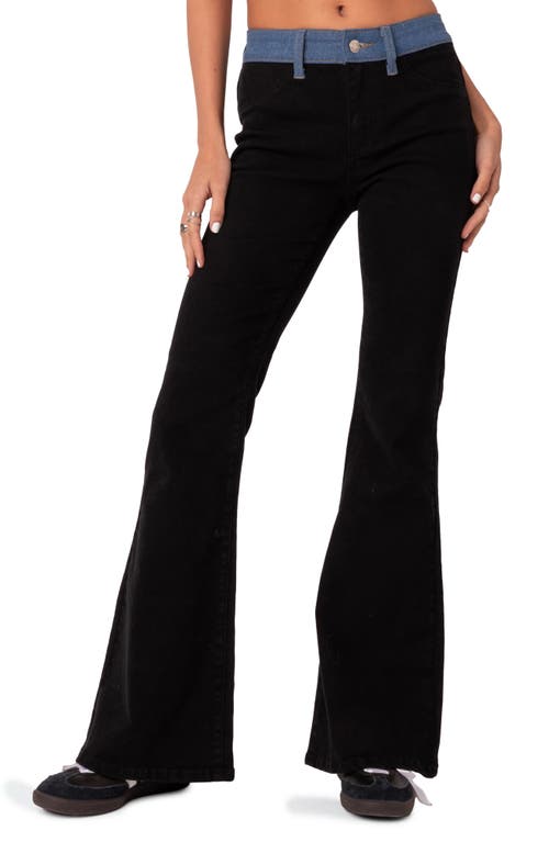 EDIKTED Contrast Waist Flare Leg Jeans in Black at Nordstrom, Size Medium