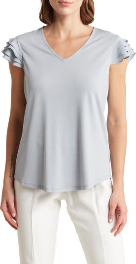 Adrianna Papell V Neck Tiered Ruffle Sleeve Crepe Knit Top