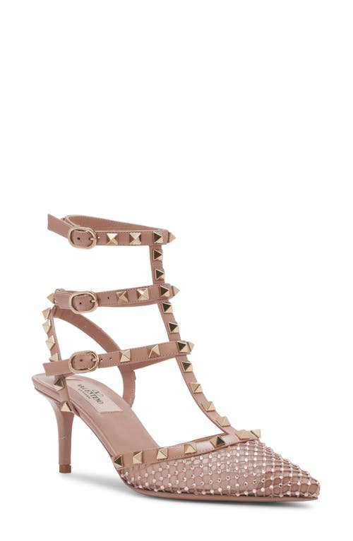 Valentino Garavani Rockstud T-strap Pointed Toe Pump In Silk/rose Cannelle