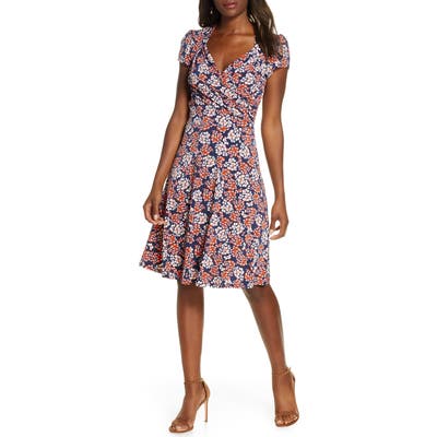 Leota Print Jersey Fit & Flare Dress, Coral