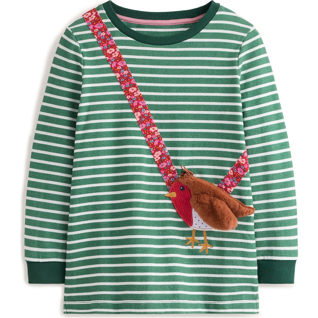 Mini Boden Kids' Stripe Robin Pocket Appliqué Long Sleeve T-Shirt in Jade/Ivory Robin