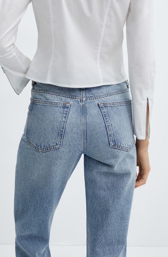 Shop Mango Raw Hem Mid Rise Crop Straight Leg Jeans In Medium Blue