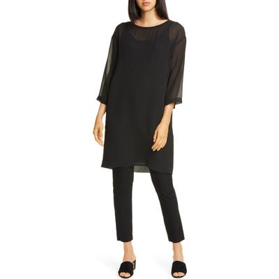 Eileen Fisher Ballet Neck Silk Shift Dress, Black