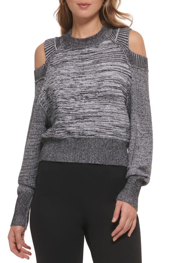 Dkny Marled Cold Shoulder Sweater In Black/white