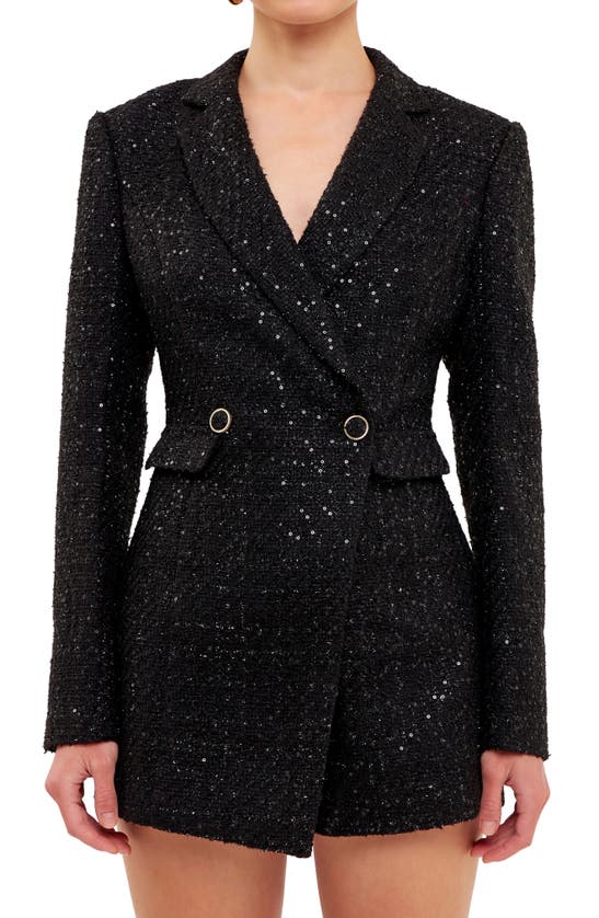 Shop Endless Rose Premium Sequin Tweed Long Sleeve Blazer Minidress In Black