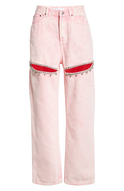 Crystal Slit Straight Leg Jeans in Powder Pink