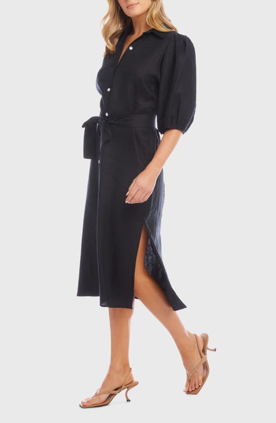 Shop Karen Kane Puff Sleeve Linen Midi Shirtdress In Black