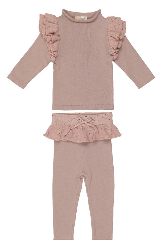 Maniere Manière Flecked Ruffle Long Sleeve Cotton Blend Top & Leggings Set In Pale Mauve