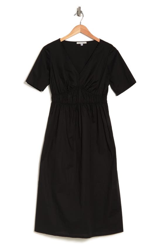 Tash And Sophie Long Sleeve Shirred Front Midi Dress In Black
