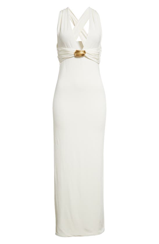 Shop Tom Ford Plunge Neck Stretch Sable Evening Gown In Pearl White