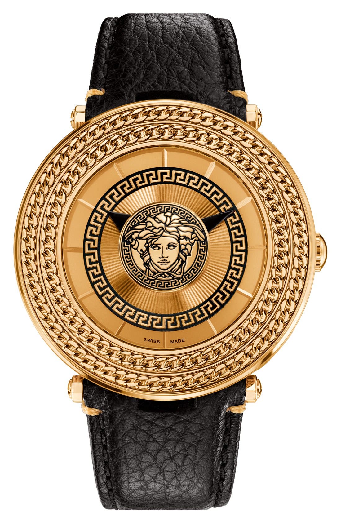 Versace 'VMetal Icon' Round Leather Strap Watch, 46mm Nordstrom