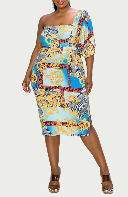 Shop L I V D Sofia Mixed Print One-shoulder Body-con Dress In Blue