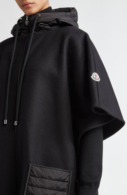 Shop Moncler Mantella Mixed Media Down Pocket Hooded Wrap In Black