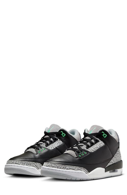 Air Jordan 3 Retro Sneaker in Black/Green Glow/Wolf Grey